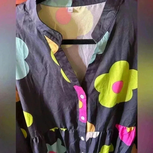 3X black long sleeve bold retro floral babydoll tiered dress. NWOT. Button down - Picture 4 of 10